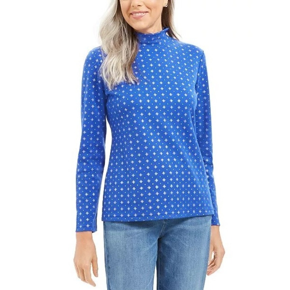Karen Scott Blue Mock Neck Top Long Sleeve Star Print Casual Petite M NWT